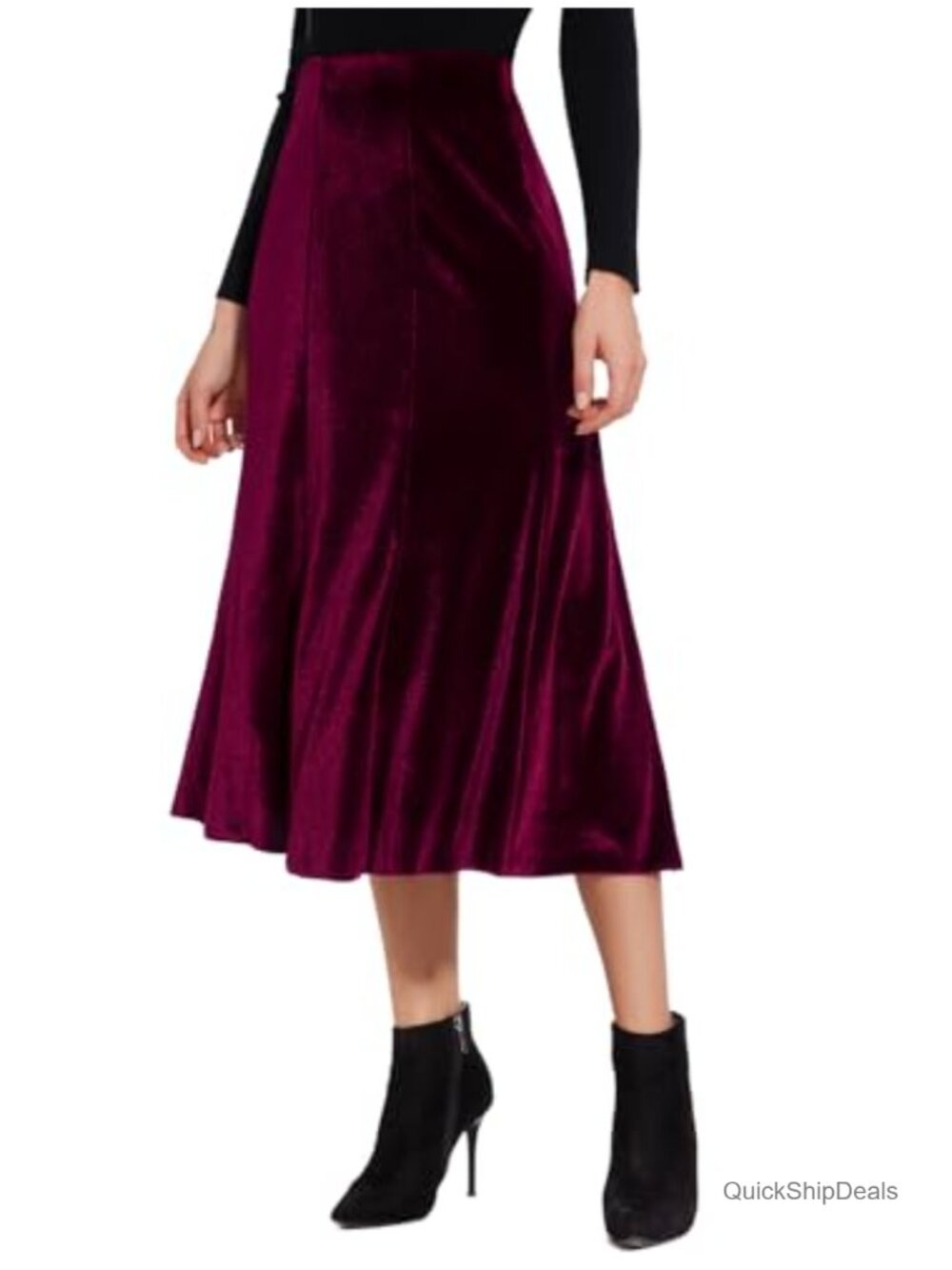Elegant Velvet Midi Skirt 8-Panel Flowy High Waist Pull-On Fall Winter